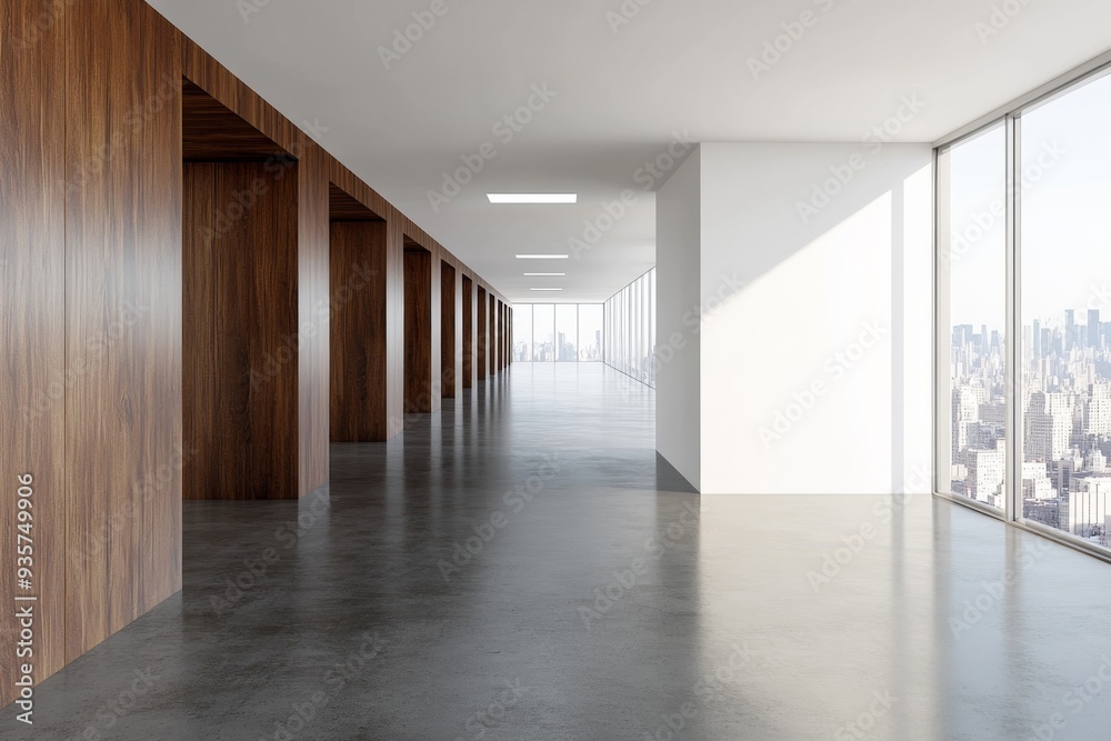 Fototapeta premium Modern living room with brown furniture, large windows and minimalist design. Bright atmosphere. 3D rendering of interior.