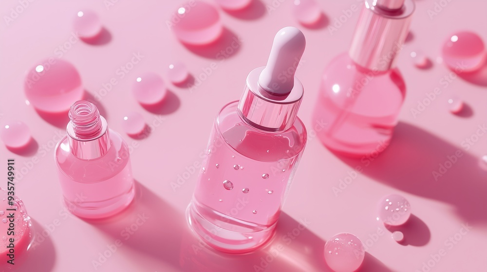 A stunning display of toner, serum, and oil on a light pink backdrop exudes luxury and self-care. A stunning display of toner, serum, and oil on a light pink backdrop exudes luxury and self-care.