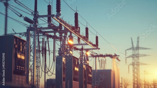 Electric power substation with transformers and high-voltage equipment, critical infrastructure, energy distribution, high solution. photo