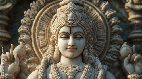 A peaceful image of Lord Vishnu in his Anantasayana posture with soft light highlighting the intricate details of the statue photo