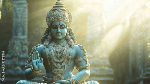A peaceful image of Lord Vishnu in his Anantasayana posture with soft light highlighting the intricate details of the statue photo