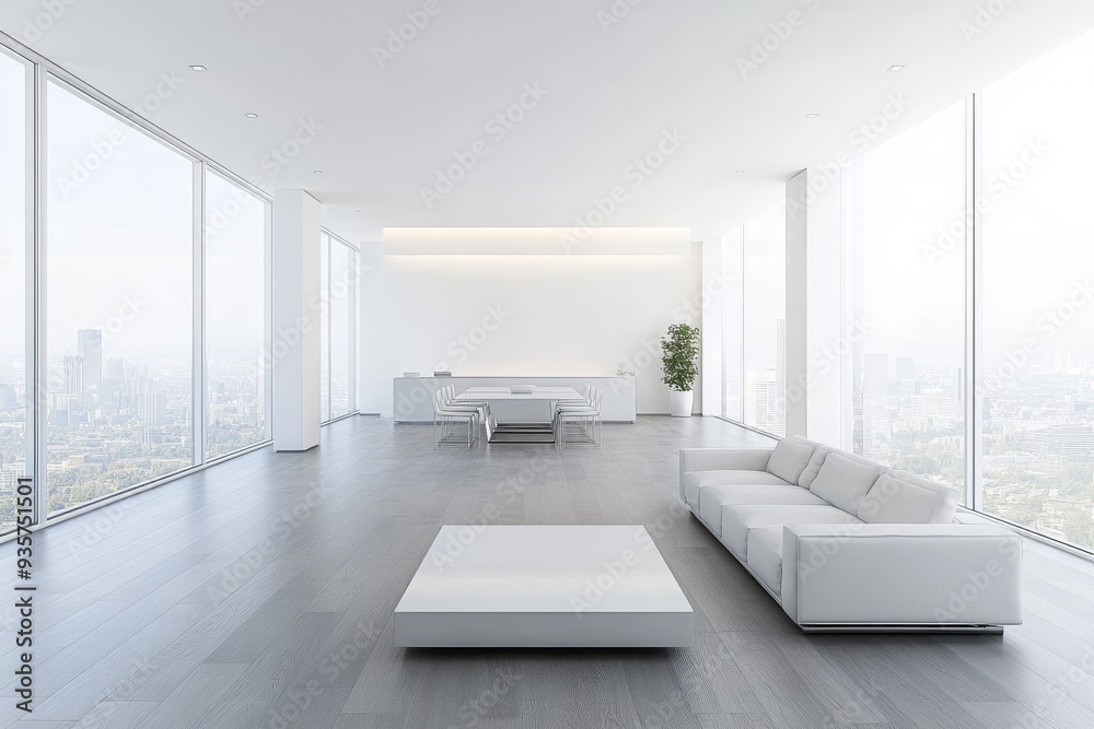 Fototapeta premium Living room interior with rest and dining zones, window
