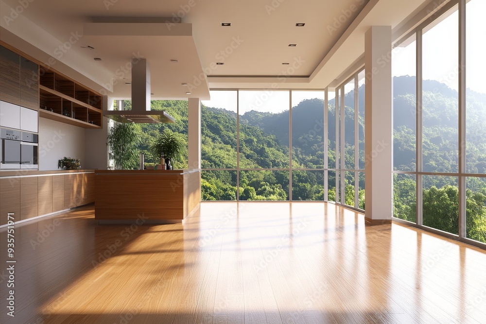 Obraz premium Interior of a wood-paneled home kitchen with a bar counter and a panoramic window