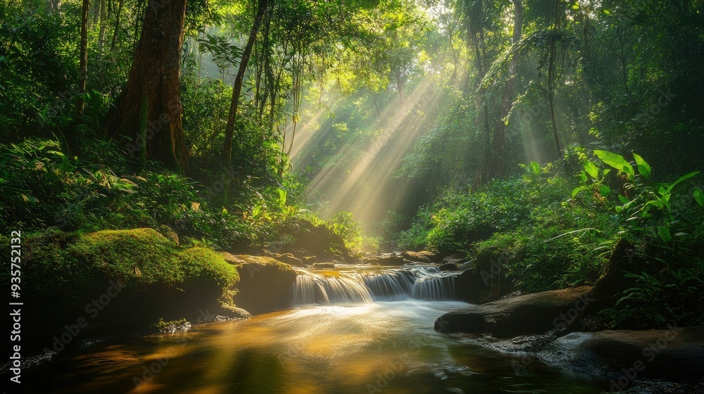 A peaceful stream winding through a dense forest in South Asia with sunlight filtering through the trees A peaceful stream winding through a dense forest in South Asia with sunlight filtering through the trees