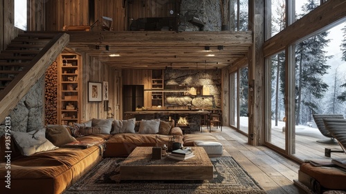 Cozy Rustic Living Room with Large Windows and Mountain View