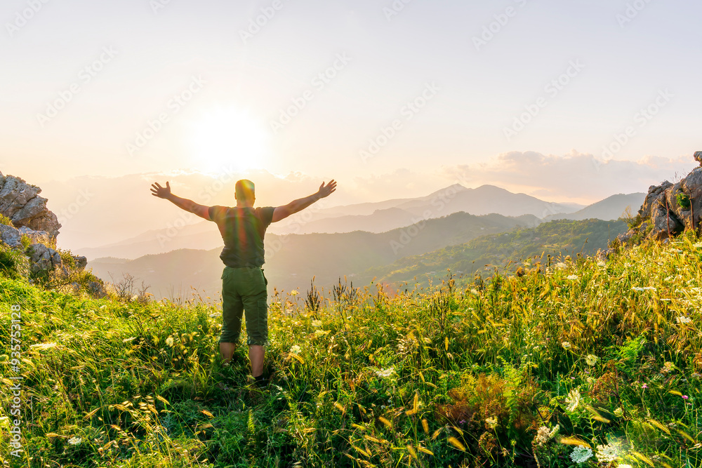man doing hiking sport in mountains with anazing highland view man doing hiking sport in mountains with anazing highland view