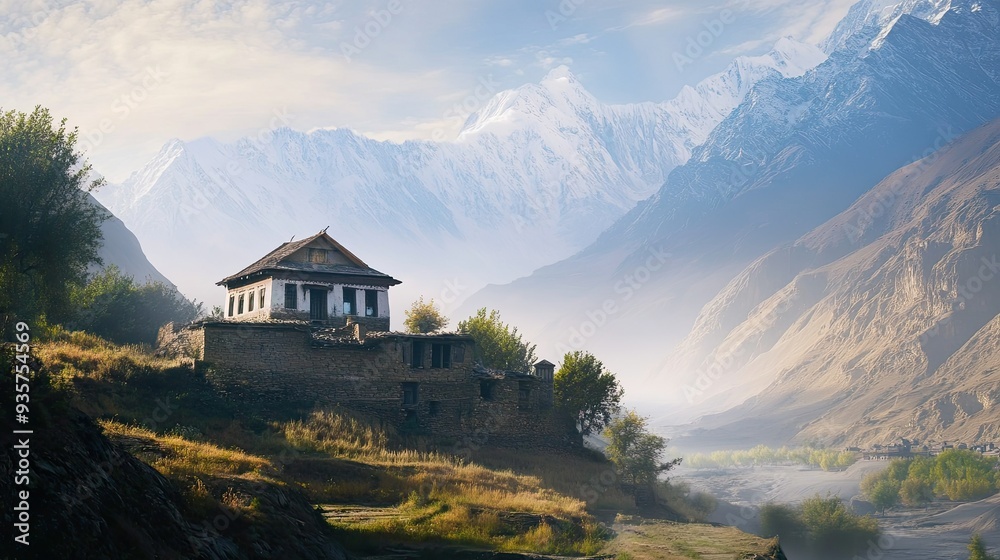 A remote house in a South Asian mountain valley, with the mountains towering above and soft light creating a peaceful atmosphere. A remote house in a South Asian mountain valley, with the mountains towering above and soft light creating a peaceful atmosphere.