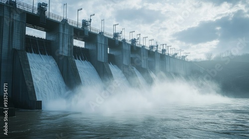 Large hydroelectric dam with water flowing powerfully, generating electricity, majestic landscape, mist rising from the water. photo