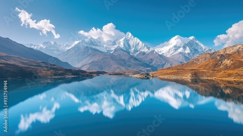 Wallpaper Mural A serene aerial view of a South Asian mountain lake, with snow capped peaks reflected in the still waters. Torontodigital.ca