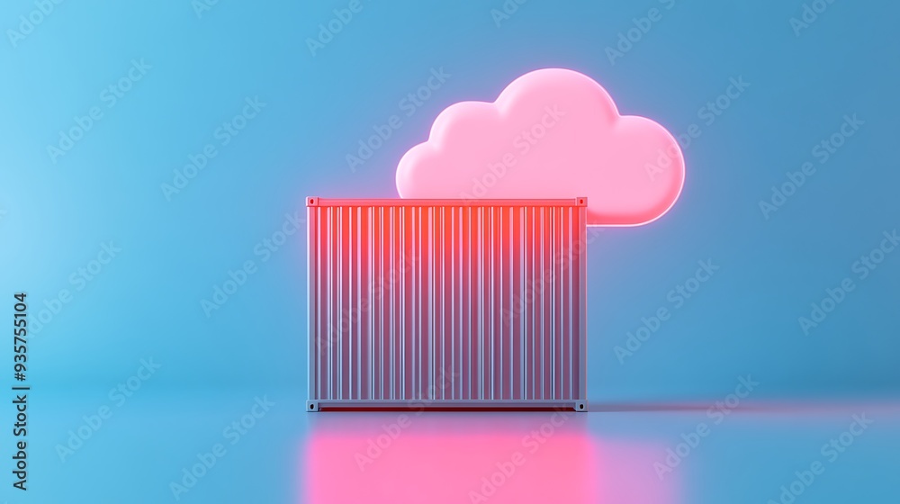 Abstract image of a cloud over a shipping container in pink and blue tones, symbolizing cloud computing and data storage. Abstract image of a cloud over a shipping container in pink and blue tones, symbolizing cloud computing and data storage.