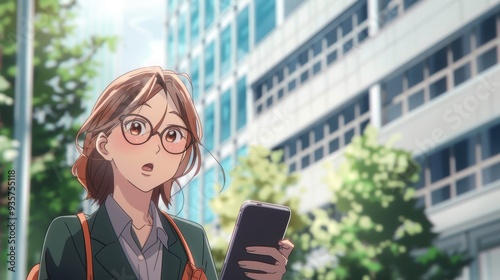 A businesswoman in anime style is on her way to the office, looking at her phone with a surprised expression in an urban setting