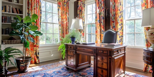 Traditional home office with antique desk and colorful curtains