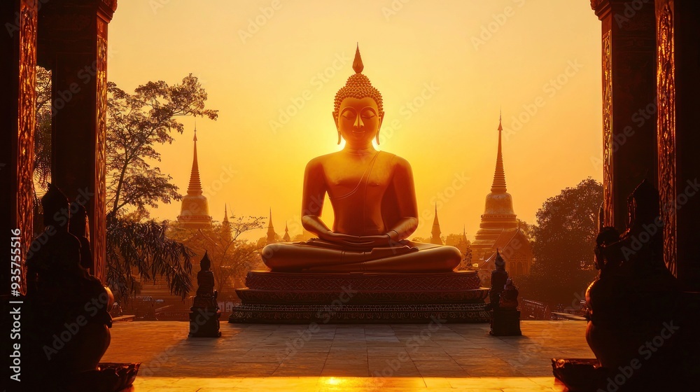 silhouette of a large golden buddha in the temperature zone high resolution photo yellow orange sharp focus colorful shaped canvas religious art serene atmosphere ancient Thai architecture looks towar silhouette of a large golden buddha in the temperature zone high resolution photo yellow orange sharp focus colorful shaped canvas religious art serene atmosphere ancient Thai architecture looks towar