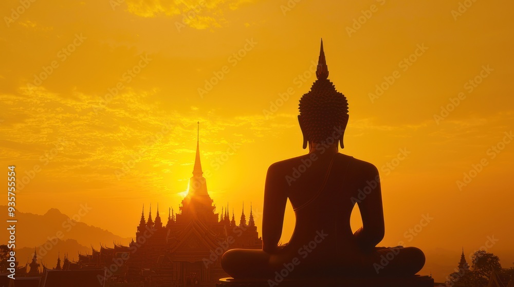 Obraz premium silhouette of a large golden buddha in the temperature zone high resolution photo yellow orange sharp focus colorful shaped canvas religious art serene atmosphere ancient Thai architecture looks towar