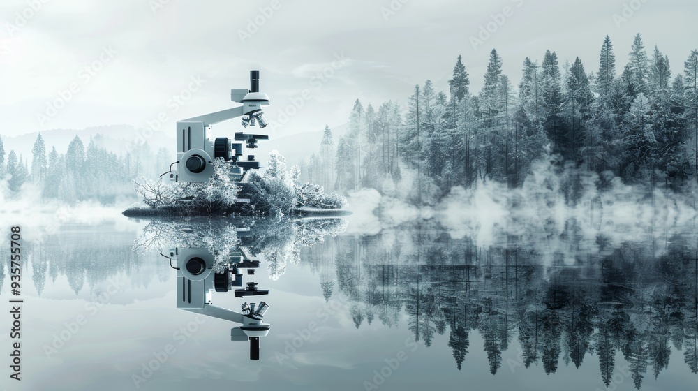 Fototapeta premium A microscope is on a small island in a lake