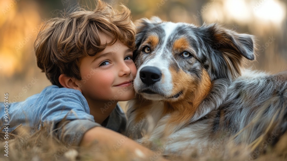 A young boy rests beside his affectionate dog, both basking in the golden warmth of the sunlit meadow. Their close bond is evident in the gentle smiles as they enjoy a peaceful afternoon together A young boy rests beside his affectionate dog, both basking in the golden warmth of the sunlit meadow. Their close bond is evident in the gentle smiles as they enjoy a peaceful afternoon together
