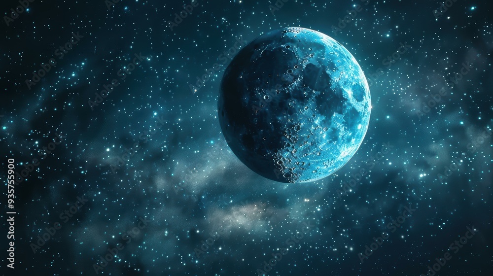 Obraz premium A stunning, detailed view of a blue-tinged moon against a backdrop of countless stars and a wispy cosmic nebula perfect for sci-fi themes, educational materials, or space exploration campaigns,