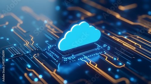 Abstract visualization of cloud computing technology, with a bright blue cloud icon on a futuristic circuit board background.