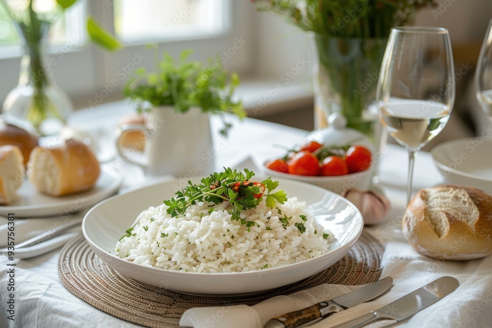 A beautifully set table featuring a fresh bowl of white rice garnished with herbs, bread rolls, tomatoes, and a glass of white wine, perfect for a dining setting or food blog, A beautifully set table featuring a fresh bowl of white rice garnished with herbs, bread rolls, tomatoes, and a glass of white wine, perfect for a dining setting or food blog,