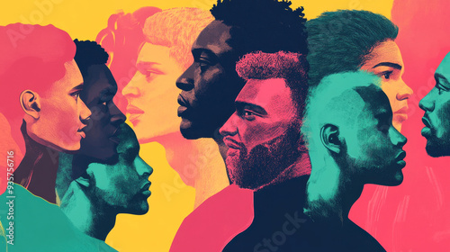 Diverse group of people silhouette on vibrant background. Modern art vibrant illustration. Concept of cultural diversity and inclusivity