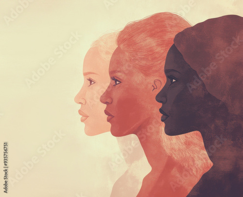 Diverse group of people in profile view with different skin tones. Modern art illustration. Concept of cultural diversity, unity, and stop discrimination photo