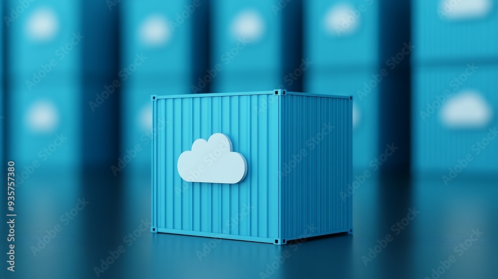 Blue container with cloud symbol, representing cloud storage and computing, standing out among other similar containers, in a tech-themed background. Blue container with cloud symbol, representing cloud storage and computing, standing out among other similar containers, in a tech-themed background.