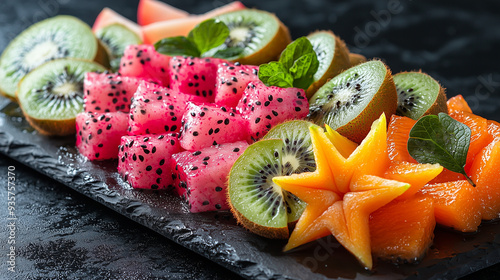 Elegant Fruit Platter Featuring Dragon Fruit and Kiwi