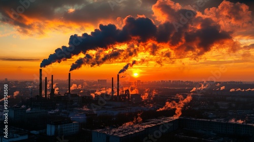 A dramatic sunset over a city with industrial plants releasing smoke, highlighting environmental pollution and atmospheric effects. photo