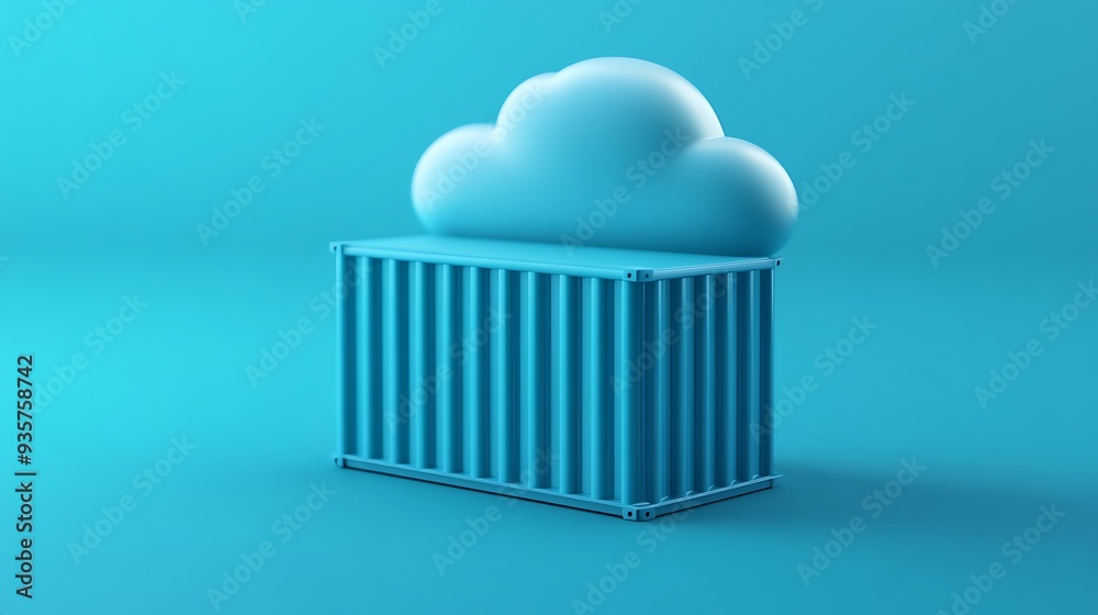 Blue shipping container with cloud icon, symbolizing cloud computing and data storage. Modern technology and logistics concept. 3D illustration. Blue shipping container with cloud icon, symbolizing cloud computing and data storage. Modern technology and logistics concept. 3D illustration.