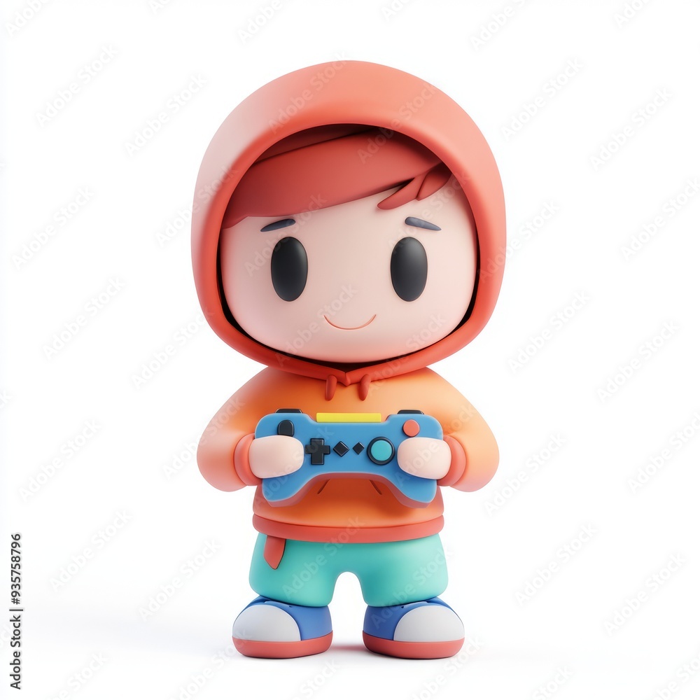 Fototapeta premium Kawaii Clay Boy Gamer Icon: 3D Blender Model with Colorful Hoodie