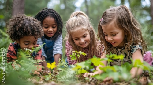 Diverse Children Exploring Nature Friends in Forest Discovering Plants Kids Play in Woods Group of Children Teamwork