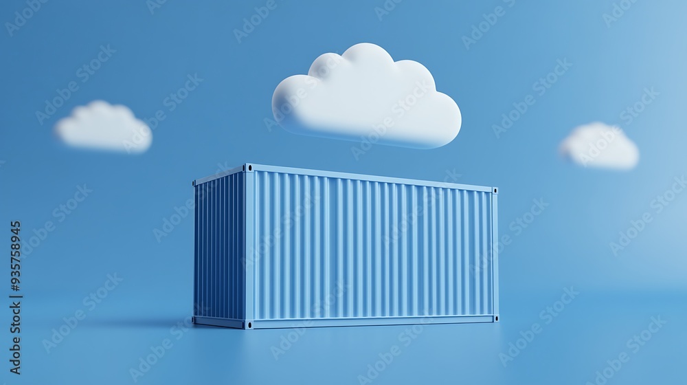 Blue shipping container with clouds on blue background. Surreal concept of cloud storage and logistics. Minimalist 3D rendering. Blue shipping container with clouds on blue background. Surreal concept of cloud storage and logistics. Minimalist 3D rendering.
