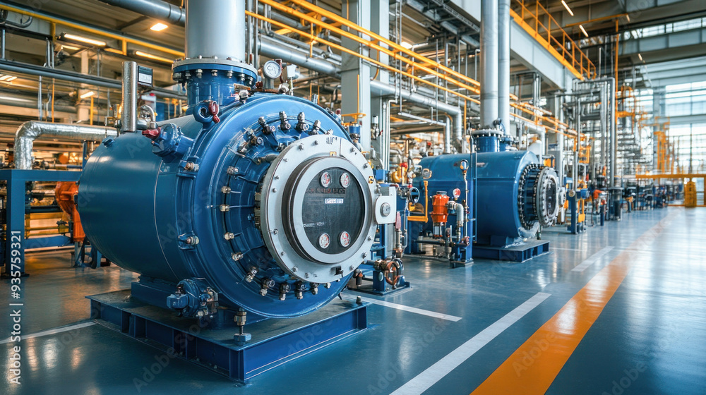 Powerful electric motor standing in modern industrial factory Powerful electric motor standing in modern industrial factory