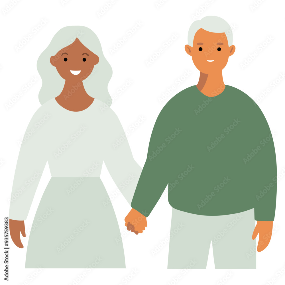 Obraz premium Elderly Couple Holding Hands, Simple Illustration of Love and Companionship