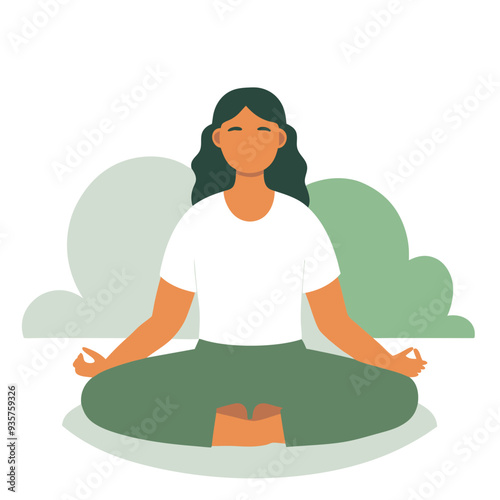 Young woman meditating in nature with peaceful background