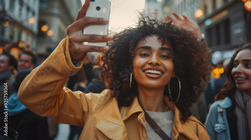 A young woman with curly hair taking a selfie in a bustling city street during sunset