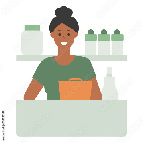 Smiling Woman Behind Counter, Simple Retail Illustration