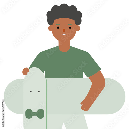 Smiling boy holding a skateboard in playful outdoor scene