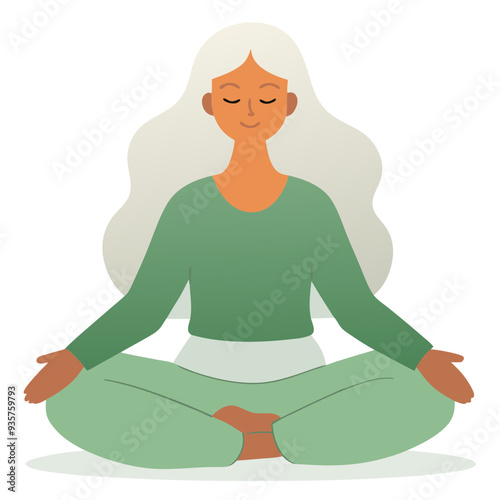 Woman meditating in serene setting with green tones