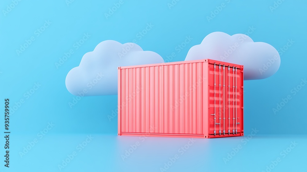 Bright red shipping container on a blue background with clouds, symbolizing global trade and logistics in a modern industry setting. Bright red shipping container on a blue background with clouds, symbolizing global trade and logistics in a modern industry setting.
