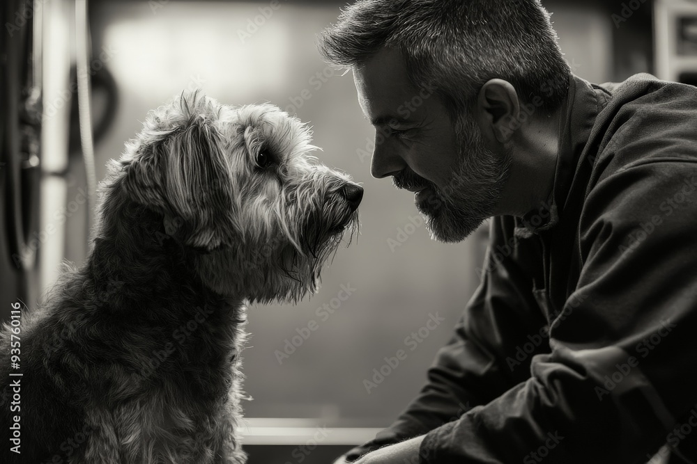 A man and his dog share an intimate, close moment, illustrating the strong companionship and emotional bond between them, in a softly lit and serene environment.