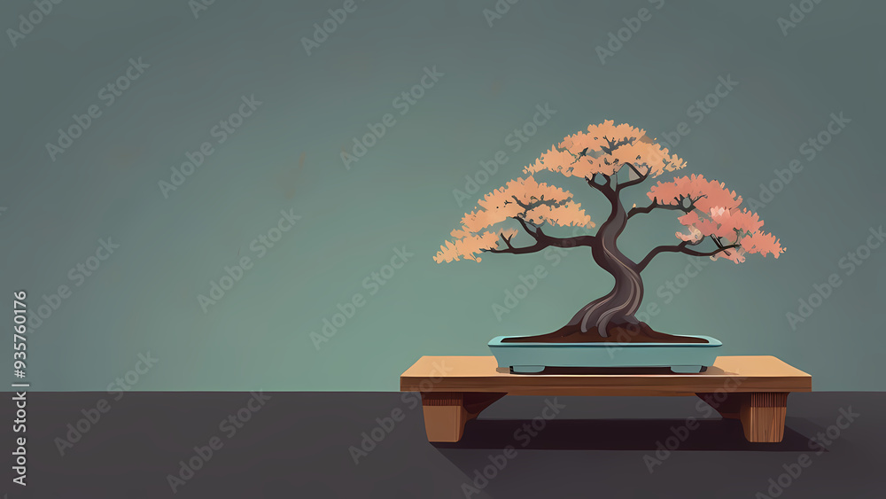 A minimalist flat vector background featuring a serene bonsai tree on a wooden stand with soft pastel colors A minimalist flat vector background featuring a serene bonsai tree on a wooden stand with soft pastel colors