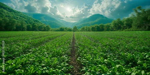 Organic farm, green fields with crops, 3D illustration. Image generated by AI photo