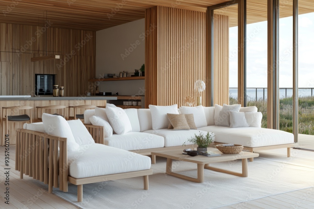 Fototapeta premium The interior of this stylish home includes a cooking space, a relaxing space, and a cabinet for storage