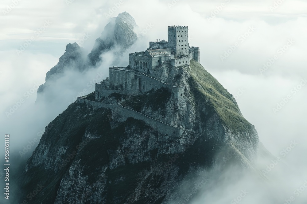 Fototapeta premium A captivating medieval fortress is enveloped in mist, perched on a mountain summit, presenting a hauntingly beautiful scene with an aura of mystery and timelessness.