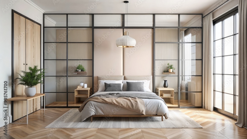 Airy Scandinavian-inspired light wood tone sliding panel doors and minimalist black metal frame bed amidst soft pastel pink and blush accents Airy Scandinavian-inspired light wood tone sliding panel doors and minimalist black metal frame bed amidst soft pastel pink and blush accents