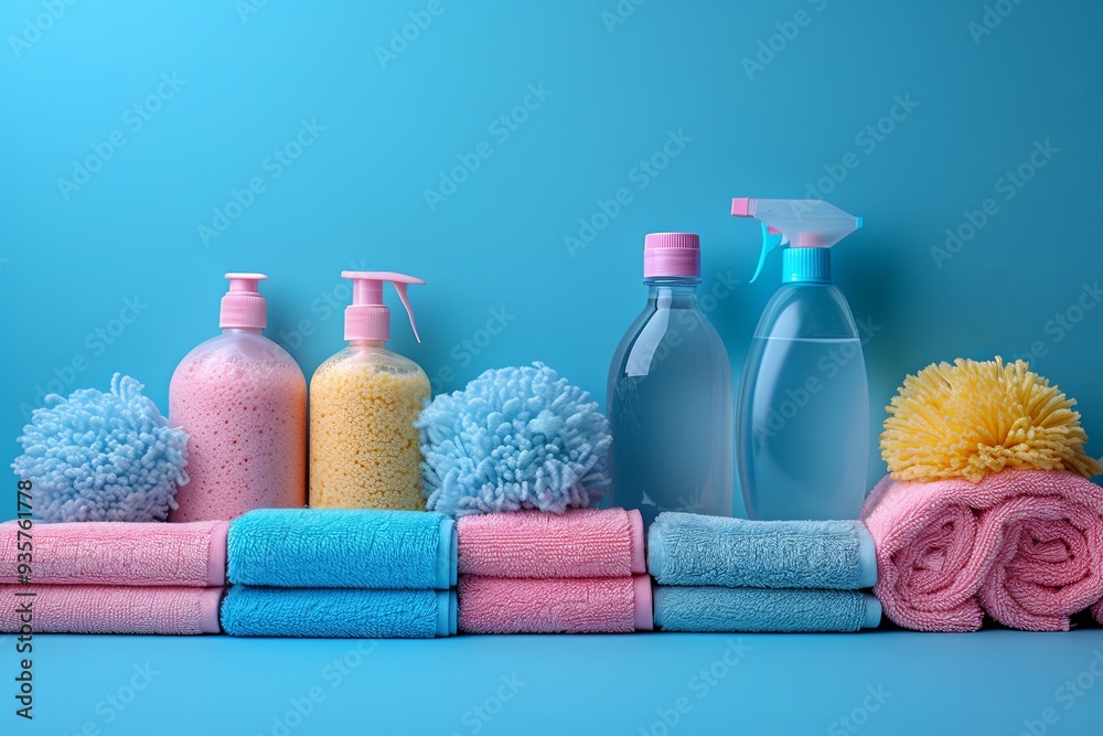 Row of towels and cleaning supplies on a blue background Row of towels and cleaning supplies on a blue background