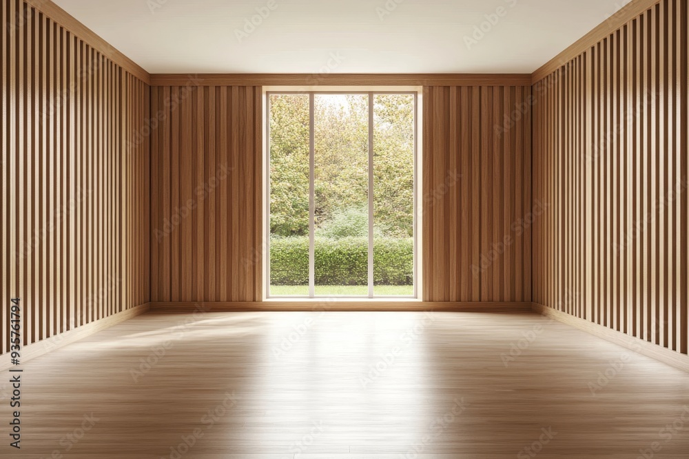 Obraz premium A modern interior design concept with wooden walls and ceilings, large windows, and plain floors.