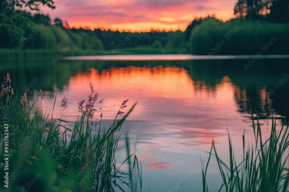 A serene sunset casts its reflection on a calm lake surrounded by lush greenery, capturing a tranquil moment filled with natural beauty and peacefulness. A serene sunset casts its reflection on a calm lake surrounded by lush greenery, capturing a tranquil moment filled with natural beauty and peacefulness.