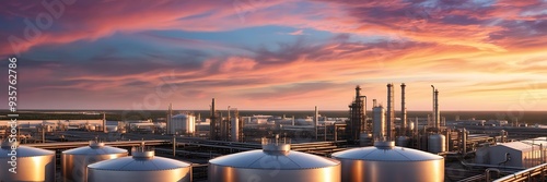 A large industrial plant with many tanks and a large truck